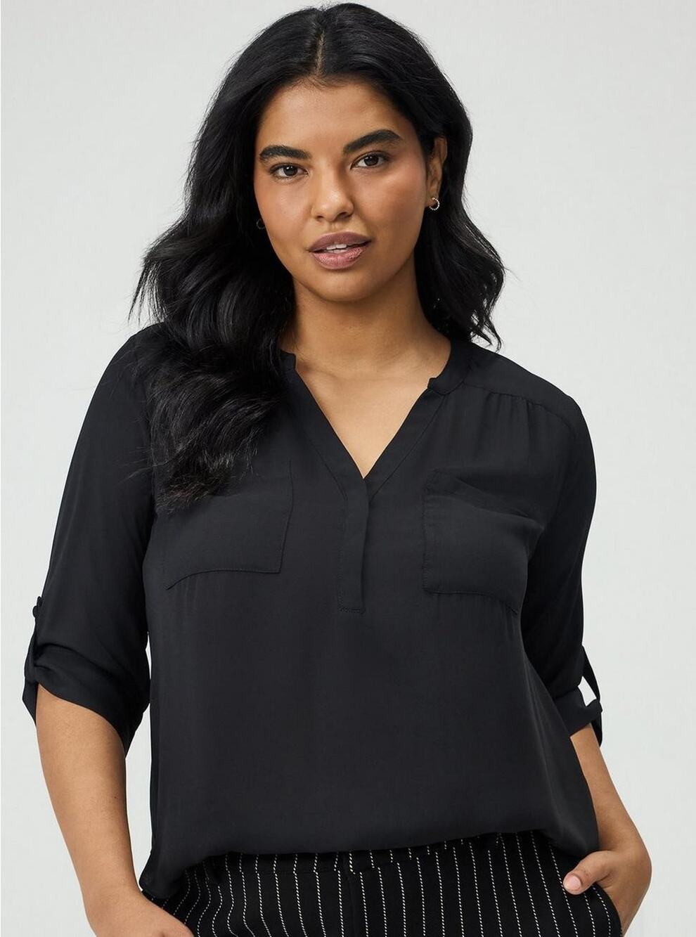 Torrid Top Large 12 Black Harper Georgette 3/4 Sleeve Blouse Pockets Roll Tab